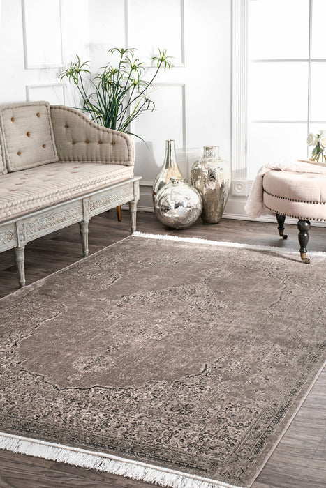 Vintage-Inspired Light Brown Medallion Fringe Area Rug