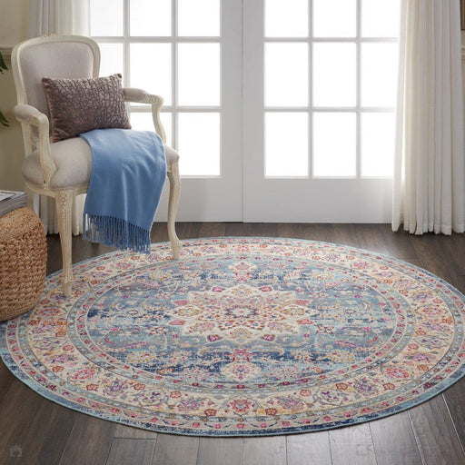 Vintage Kashan VKA01 Traditional Persian Vintage Distressed Shimmer Floral Oushak Border Flatweave Blue Round Rug
