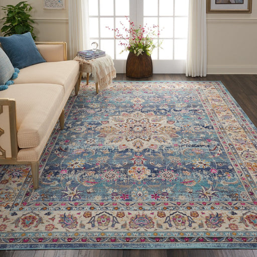 Vintage Kashan VKA01 Traditional Persian Vintage Distressed Shimmer Floral Oushak Border Flatweave Blue Rug