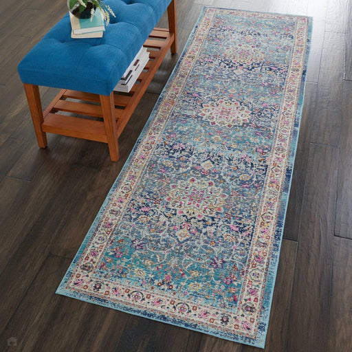 Vintage Kashan VKA01 Traditional Persian Vintage Distressed Shimmer Floral Oushak Border Flatweave Blue Runner