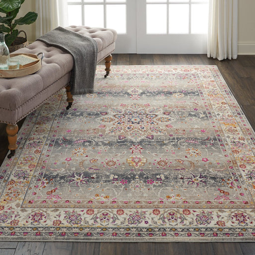Vintage Kashan VKA01 Traditional Persian Vintage Distressed Shimmer Floral Oushak Border Flatweave Grey Rug