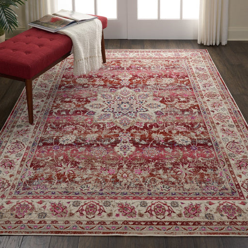 Vintage Kashan VKA01 Traditional Persian Vintage Distressed Shimmer Floral Oushak Border Flatweave Red Rug