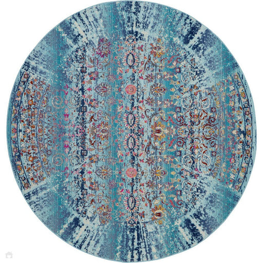 Vintage Kashan VKA02 Traditional Persian Vintage Distressed Shimmer Floral Ornate Herati Border Flatweave Blue Round Rug