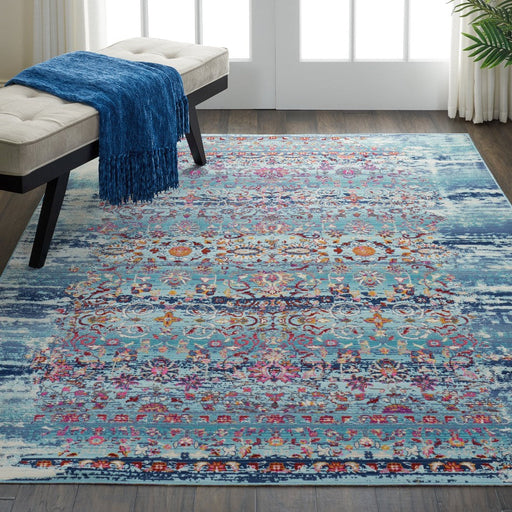 Vintage Kashan VKA02 Traditional Persian Vintage Distressed Shimmer Floral Ornate Herati Border Flatweave Blue Rug