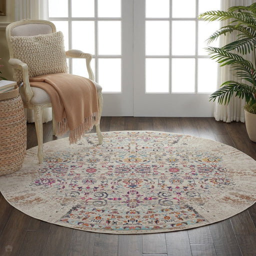 Vintage Kashan VKA02 Traditional Persian Vintage Distressed Shimmer Floral Ornate Herati Border Flatweave Ivory Round Rug