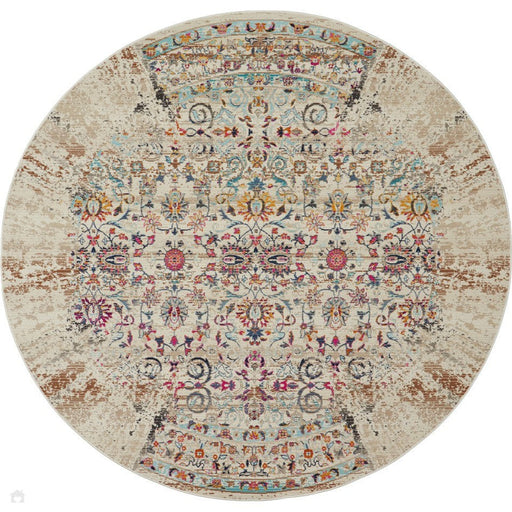 Vintage Kashan VKA02 Traditional Persian Vintage Distressed Shimmer Floral Ornate Herati Border Flatweave Ivory Round Rug