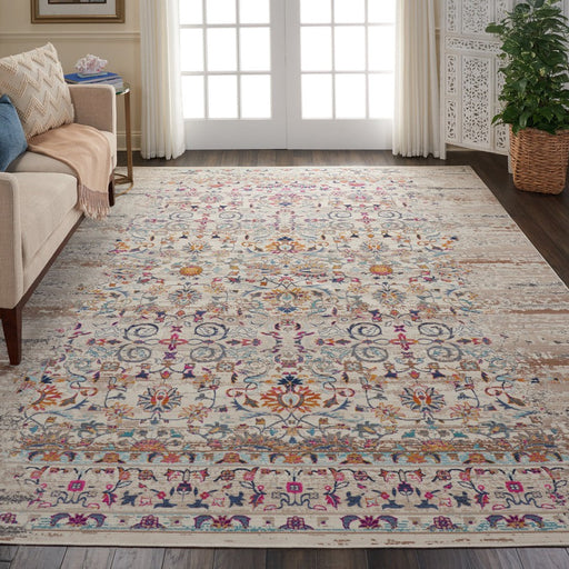 Vintage Kashan VKA02 Traditional Persian Vintage Distressed Shimmer Floral Ornate Herati Border Flatweave Ivory Rug