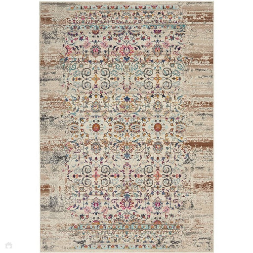 Vintage Kashan VKA02 Traditional Persian Vintage Distressed Shimmer Floral Ornate Herati Border Flatweave Ivory Rug