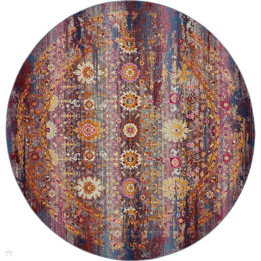 Vintage Kashan VKA03 Traditional Persian Vintage Distressed Shimmer Floral Ornate Oushak Border Flatweave Red/Multicolour Round Rug
