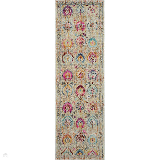 Vintage Kashan VKA04 Traditional Persian Vintage Distressed Shimmer Floral Ornate Medallion Border Flatweave Ivory/Multicolour Runner