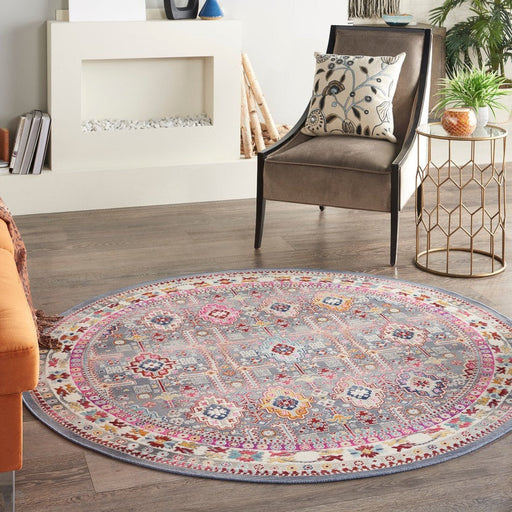 Vintage Kashan VKA05 Traditional Persian Vintage Distressed Shimmer Floral Ornate Border Flatweave Grey/Multicolour Round Rug