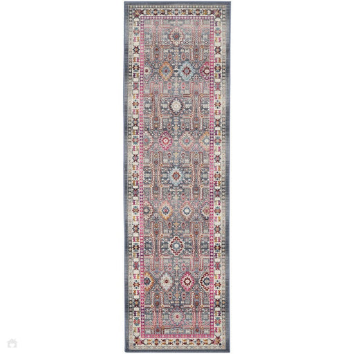 Vintage Kashan VKA05 Traditional Persian Vintage Distressed Shimmer Floral Ornate Border Flatweave Grey/Multicolour Runner