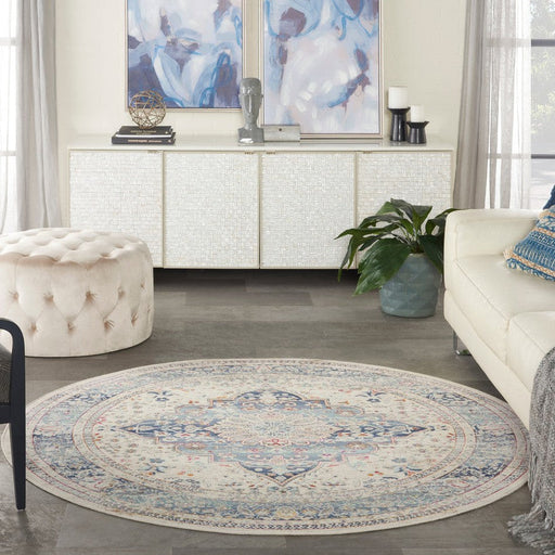 Vintage Kashan VKA07 Traditional Persian Vintage Distressed Shimmer Floral Medallion Ornate Border Flatweave Ivory/Blue Round Rug
