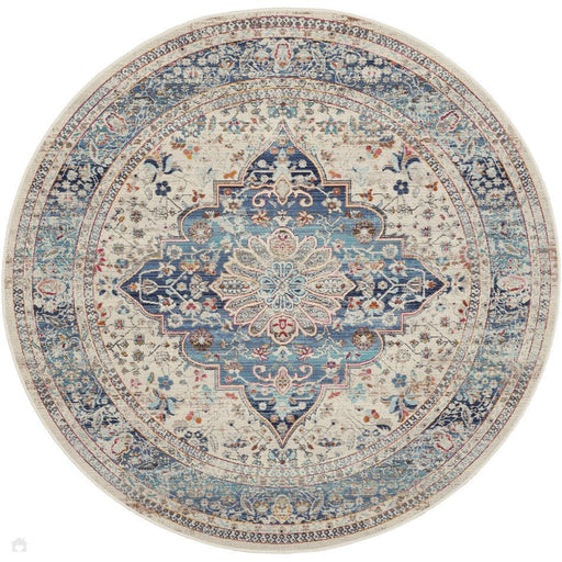 Vintage Kashan VKA07 Traditional Persian Vintage Distressed Shimmer Floral Medallion Ornate Border Flatweave Ivory/Blue Round Rug