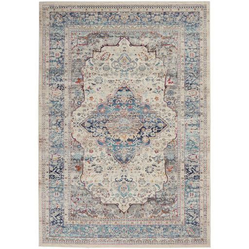 Vintage Kashan VKA07 Traditional Persian Vintage Distressed Shimmer Floral Medallion Ornate Border Flatweave Ivory/Blue Rug