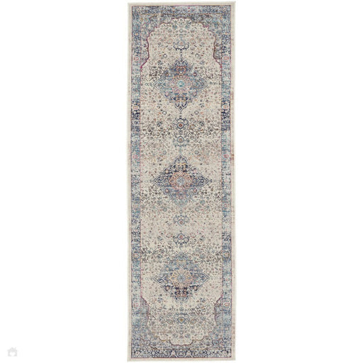 Vintage Kashan VKA07 Traditional Persian Vintage Distressed Shimmer Floral Medallion Ornate Border Flatweave Ivory/Blue Runner