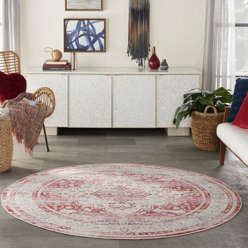 Vintage Kashan VKA07 Traditional Persian Vintage Distressed Shimmer Floral Medallion Ornate Border Flatweave Red/Ivory Round Rug