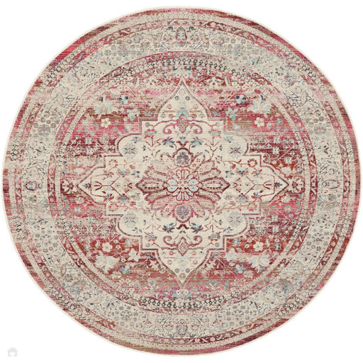 Vintage Kashan VKA07 Traditional Persian Vintage Distressed Shimmer Floral Medallion Ornate Border Flatweave Red/Ivory Round Rug