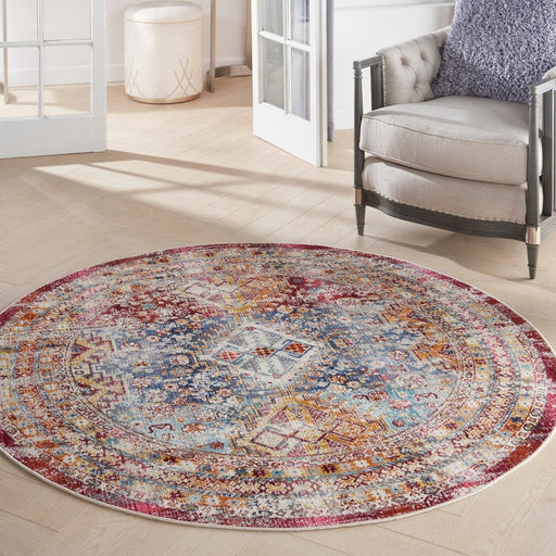 Vintage Kashan VKA09 Traditional Persian Vintage Distressed Shimmer Floral Medallion Ornate Border Flatweave Multicolour Round Rug