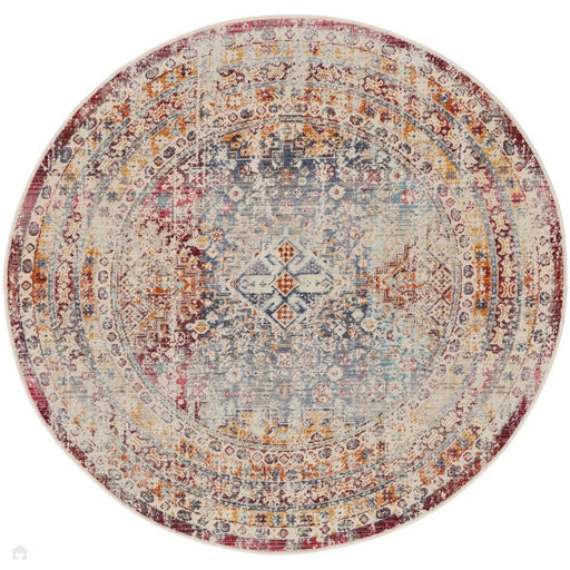Vintage Kashan VKA09 Traditional Persian Vintage Distressed Shimmer Floral Medallion Ornate Border Flatweave Multicolour Round Rug