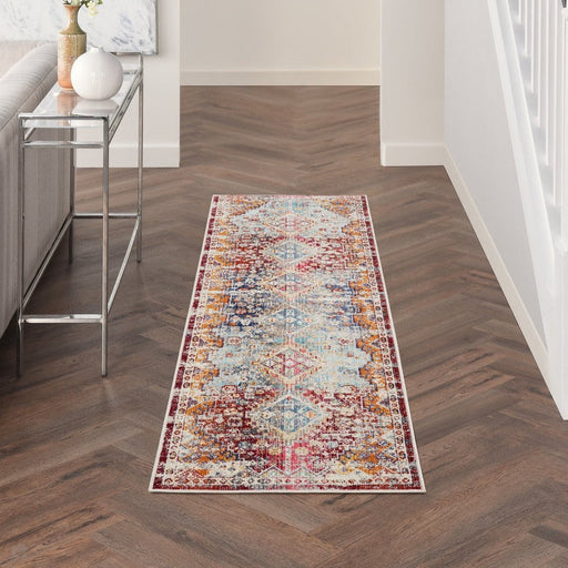 Vintage Kashan VKA09 Traditional Persian Vintage Distressed Shimmer Floral Medallion Ornate Border Flatweave Multicolour Runner