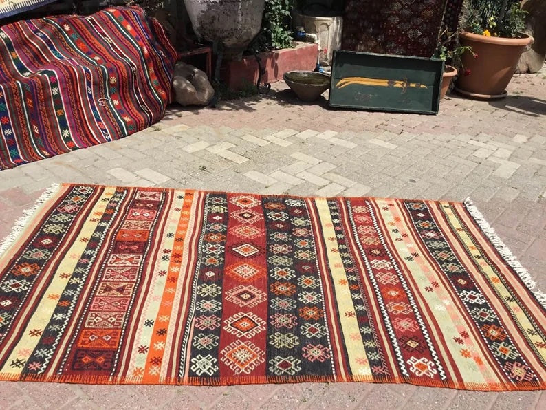 Vintage Kilim Rug 214cm x 122cm Handwoven Wool Turkey