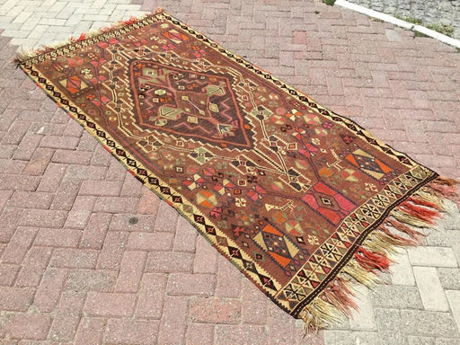 Tappeto Kilim vintage 239 cm x 116 cm in lana filata a mano