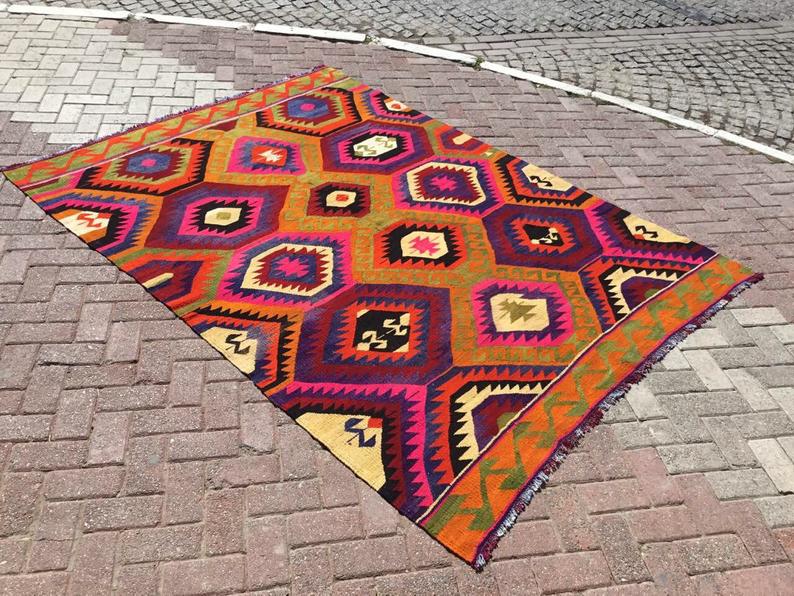 Vintage Kelim-tapijt 255 cm x 188 cm handgemaakte Turkse wol