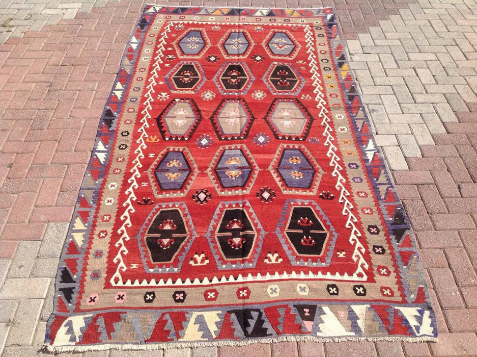 Tappeto Kilim vintage 287 cm x 159 cm in lana filata a mano