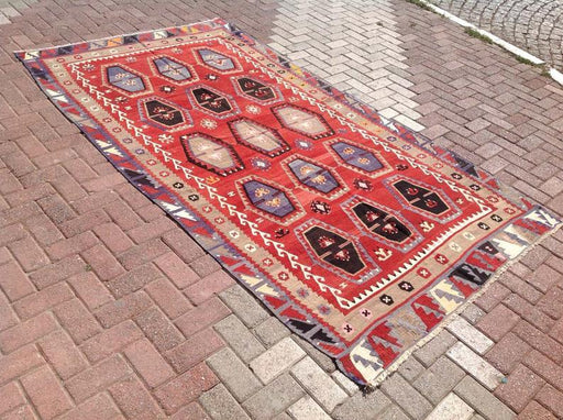 Tappeto Kilim vintage 287 cm x 159 cm in lana filata a mano