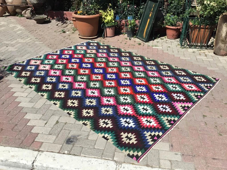 Tappeto Kilim vintage 290 x 210 cm in lana e cotone filato a mano