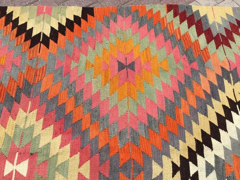 Tappeto Kilim vintage 293 x 162 cm in lana filata a mano e cotone