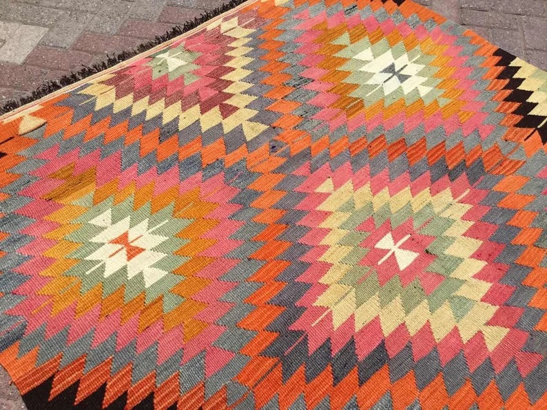 Tappeto Kilim vintage 293 x 162 cm in lana filata a mano e cotone