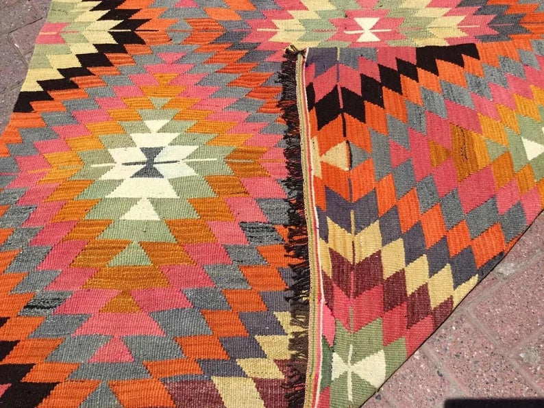 Tappeto Kilim vintage 293 x 162 cm in lana filata a mano e cotone