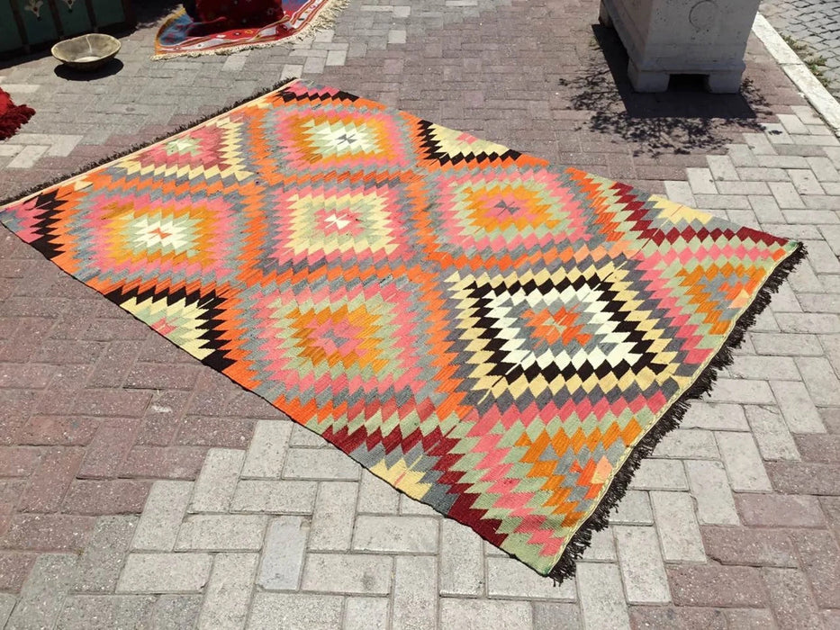 Tappeto Kilim vintage 293 x 162 cm in lana filata a mano e cotone