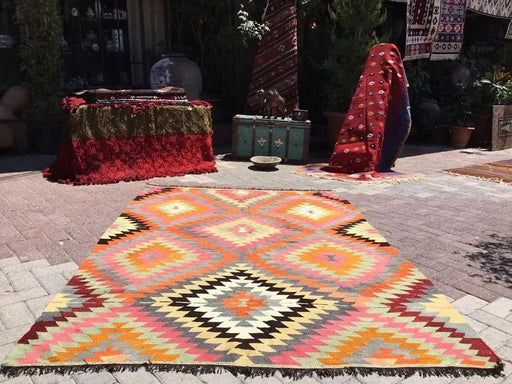 Tappeto Kilim vintage 293 x 162 cm in lana filata a mano e cotone