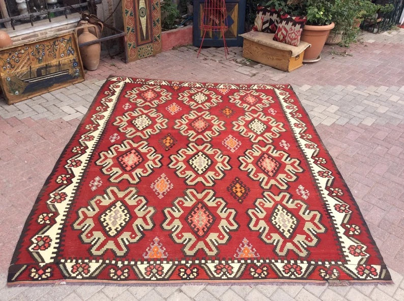 Tappeto Kilim vintage 296 x 236 cm in lana e cotone filato a mano