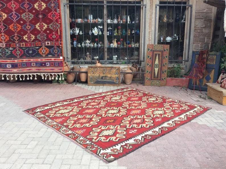 Tappeto Kilim vintage 296 x 236 cm in lana e cotone filato a mano