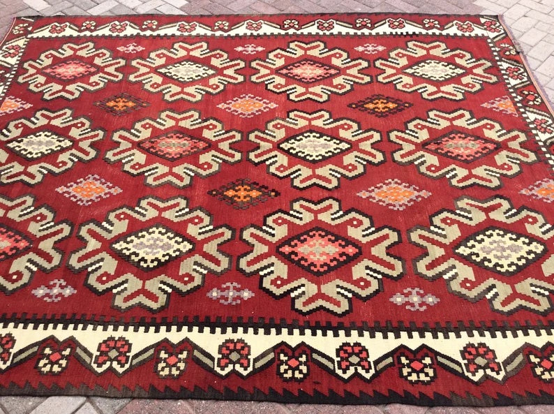 Tappeto Kilim vintage 296 x 236 cm in lana e cotone filato a mano