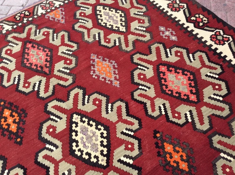 Tappeto Kilim vintage 296 x 236 cm in lana e cotone filato a mano