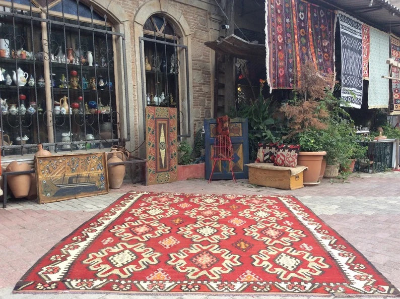 Tappeto Kilim vintage 296 x 236 cm in lana e cotone filato a mano