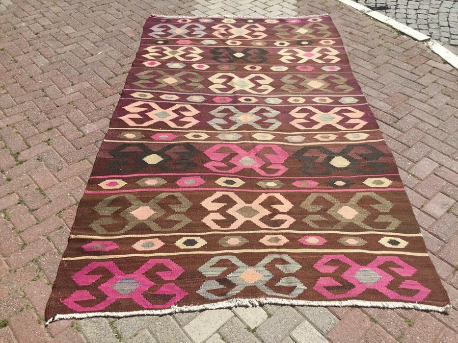 Tappeto Kilim vintage 297 cm x 173 cm in lana filata a mano