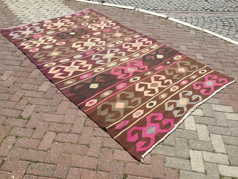 Tappeto Kilim vintage 297 cm x 173 cm in lana filata a mano