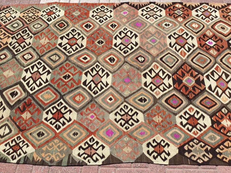 Tappeto Kilim vintage 298 x 152 cm in lana di tacchino filata a mano