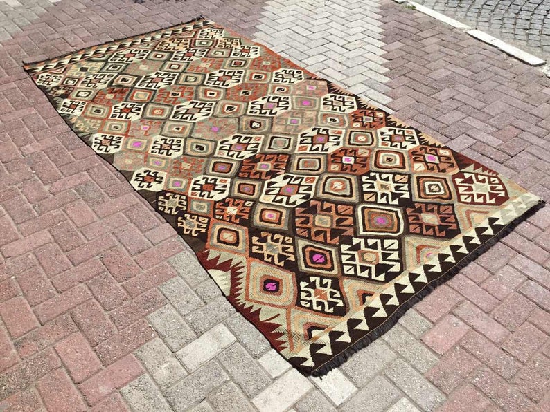 Tappeto Kilim vintage 298 x 152 cm in lana di tacchino filata a mano