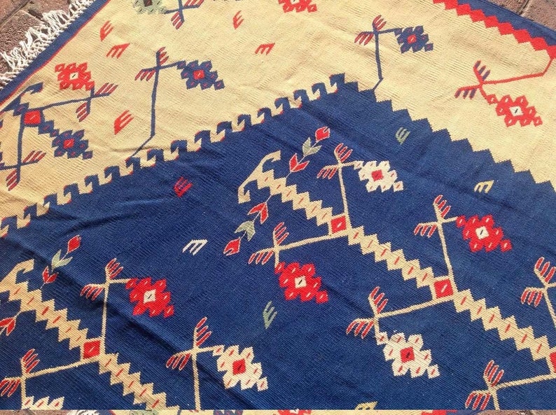 Tappeto Kilim vintage 303 x 190 cm in lana blu crema