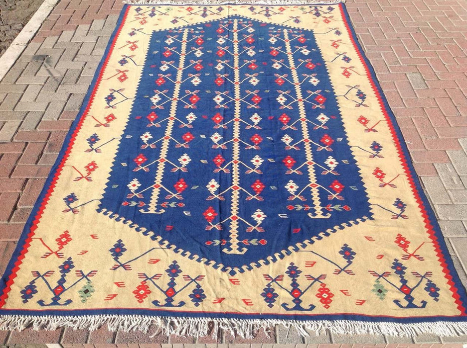 Tappeto Kilim vintage 303 x 190 cm in lana blu crema