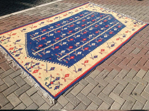 Vintage Kilim -matto 303cm x 190cm sininen kermanvärinen villa