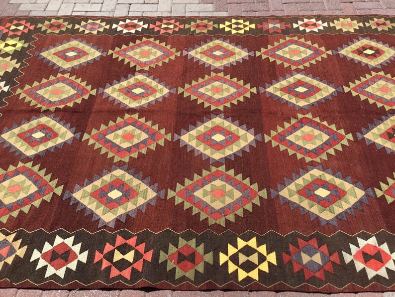 Tappeto Kilim vintage 306 x 186 cm in lana filata a mano