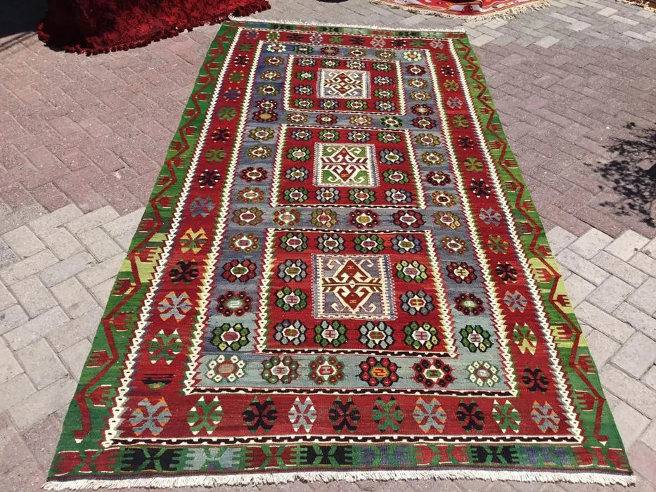 Tappeto Kilim vintage 311 cm x 166 cm in lana e cotone intrecciato a mano